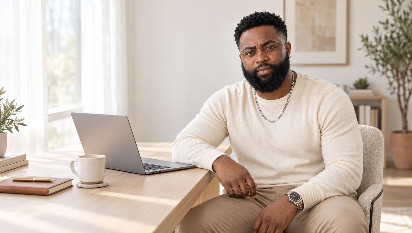 Coach Will in a cream sweater at his desk with a laptop and coffee