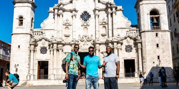 With friends in front of the Havana Cathedral, Cuba