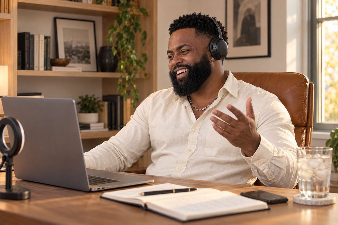 Coach Will laughing on a video call with headphones at his desk