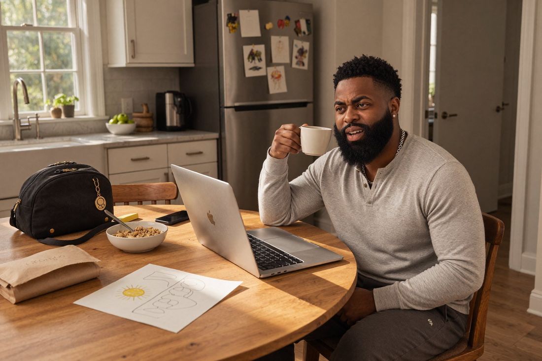 Coach Will at the kitchen table with coffee and a laptop, a child's drawing and school bag on the table