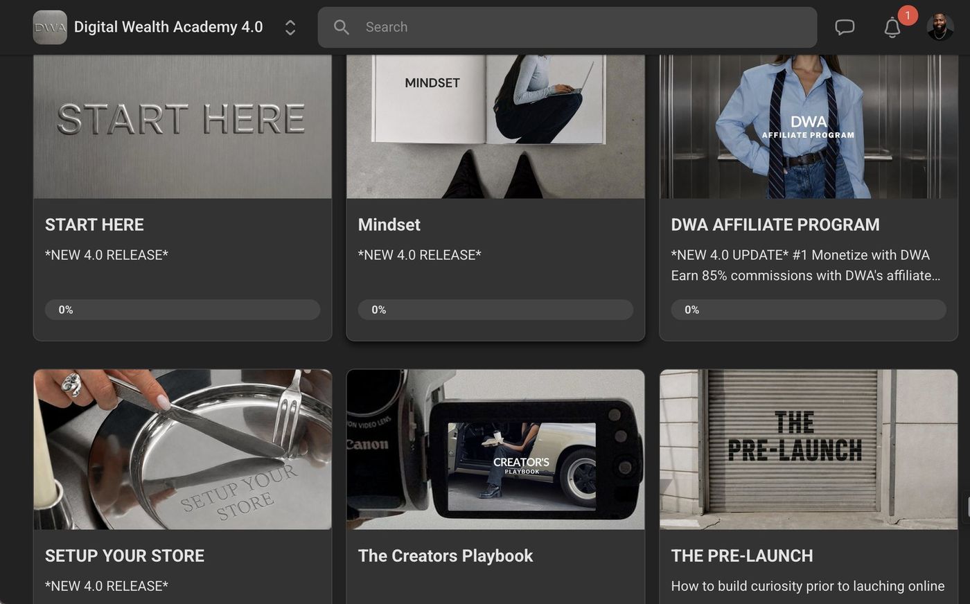 Digital Wealth Academy 4.0 course modules: Start Here, Mindset, DWA Affiliate Program, Setup Your Store, The Creators Playbook, The Pre-Launch