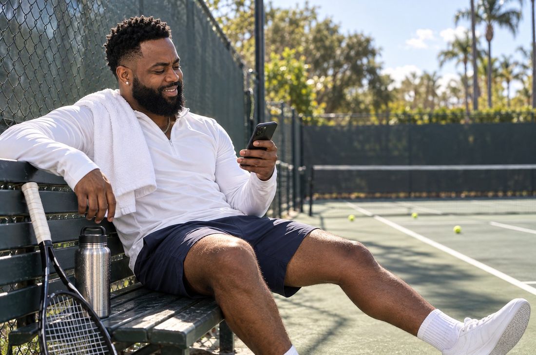 Coach Will resting on a bench at a tennis court, smiling at his phone